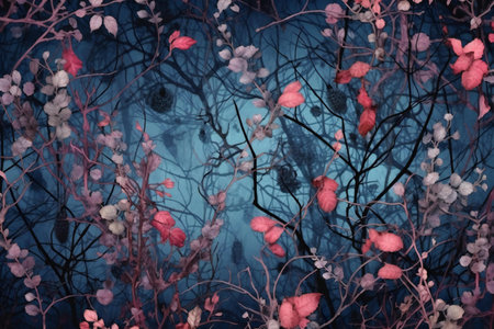 Watercolor painting of cherry blossom tree branch on dark blue backgroundの素材