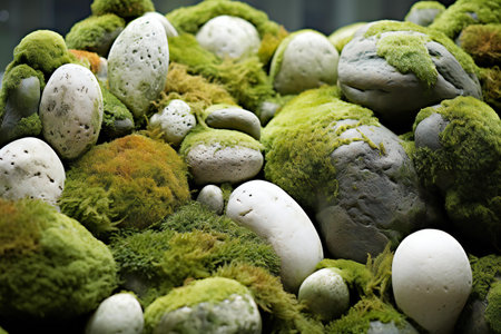 Moss and stones in the garden, closeup of photo.の素材