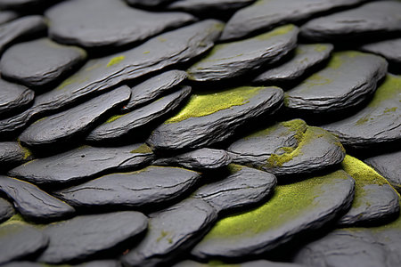 Close-up of black stones with green moss. Abstract background.の素材
