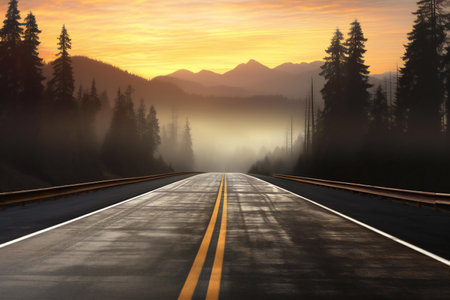 Road in the mountains at sunrise with fog and mist. Concept of travelの素材