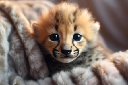 Cute little baby pomeranian kitten on a fur coat.の素材