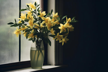 Yellow flowers in a vase on the windowsill. Spring mood.の素材