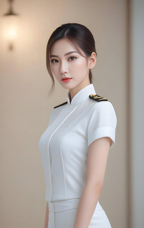 beautiful asian woman stewardess in white uniform with smileの素材