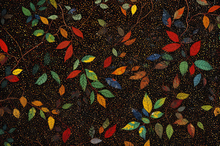 Seamless pattern with autumn leaves on a black background. Hand-drawn illustration.の素材