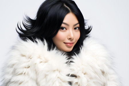 Portrait of a beautiful asian woman in a white fur coatの素材