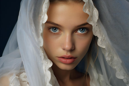 Closeup portrait of beautiful young woman with blue eyes and white veilの素材