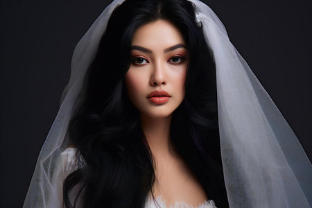 Portrait of a beautiful young brunette bride in white veil.の素材