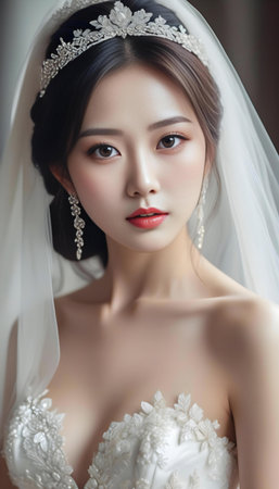 beautiful asian bride in white wedding dress with veil and makeupの素材