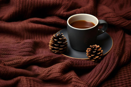 Cup of hot coffee on brown knitted background, closeupの素材