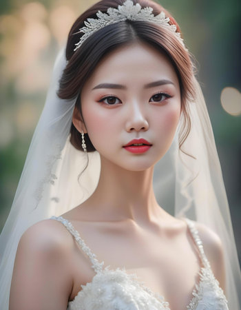 Beautiful asian bride in white wedding dress with makeup and hairstyleの素材