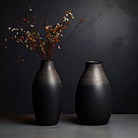 Black vases with dried flowers on a dark background.の素材