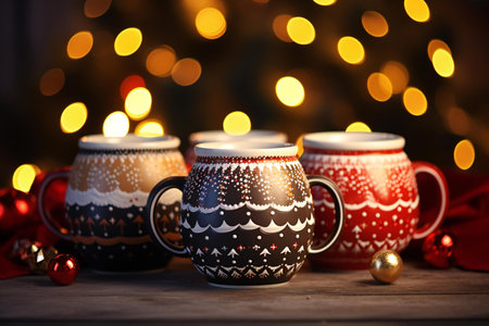 Mugs with Christmas decorations on wooden table on bokeh backgroundの素材