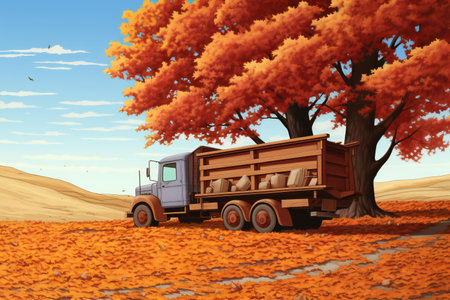 Dump truck in the autumn landscape.の素材