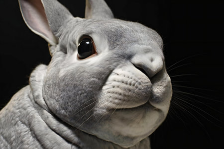 Close-up portrait of a gray rabbit on a black background.の素材