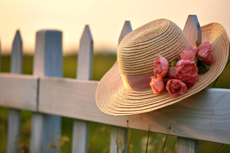 Beautiful straw hat with pink roses on the fence at sunset.の素材
