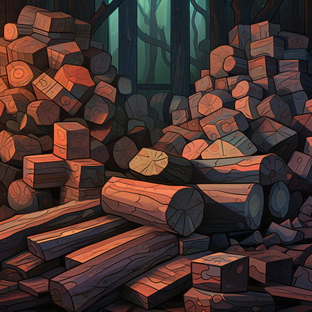 Illustration of a large pile of firewood in a dark roomの素材