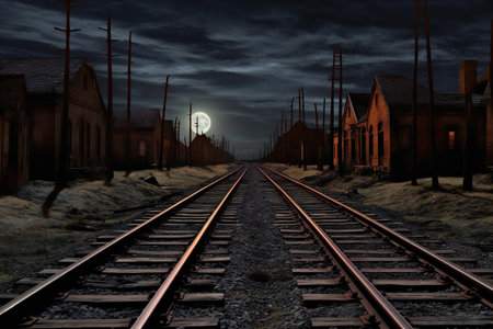 Railway at night with a full moon.の素材