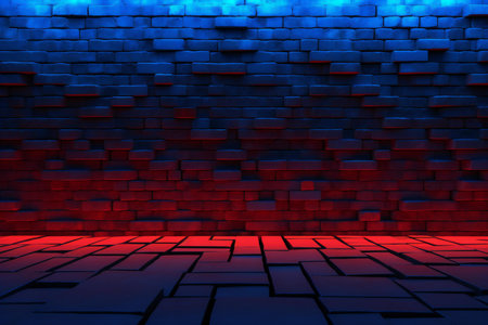 abstract background with neon light and brick wall.の素材