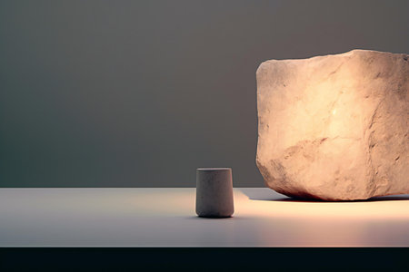Minimalist scene with a concrete vase and a stone.の素材