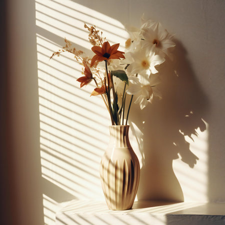 Vase with daffodils on a white wall with sunlightの素材