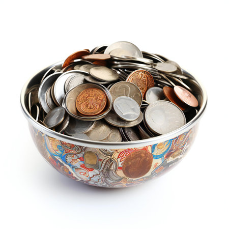 Metal bowl full of coins isolated on white backgroundの素材
