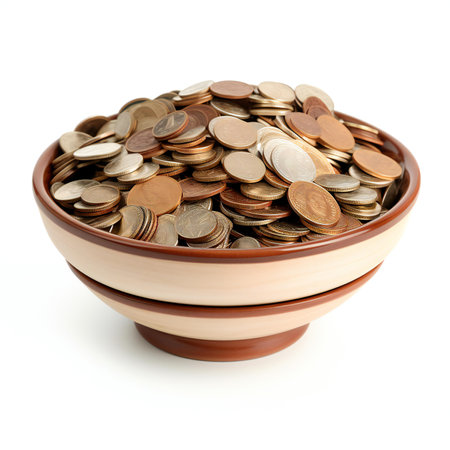 Coins in a bowl isolated on white background. Money concept.の素材