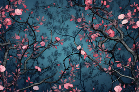 Watercolor cherry blossom tree branch with pink flowers on blue backgroundの素材