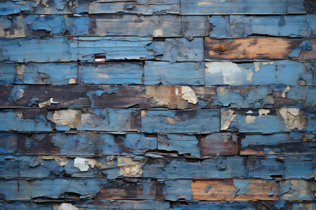 Old wood texture with peeling blue paint. Texture of an old wooden wallの素材