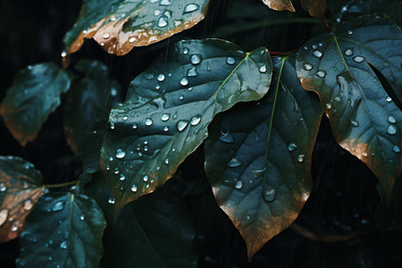 Raindrops on the leaves of a green plant after the rain.の素材