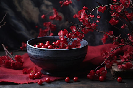 Bowl with red berries of viburnum on a dark backgroundの素材