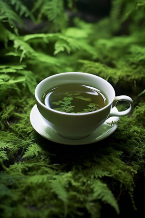 Cup of green tea on moss background. Selective focus.の素材