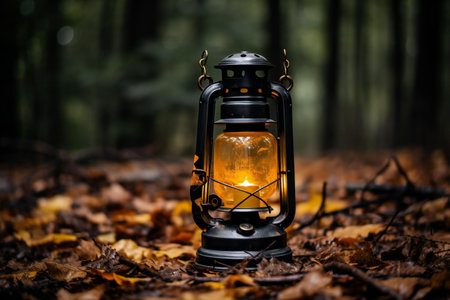 Lantern in the autumn forest. Vintage lantern in the forest.の素材