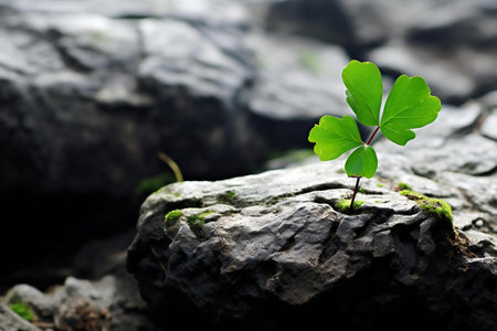 Green clover leaf on the rock. Nature background. Selective focusの素材