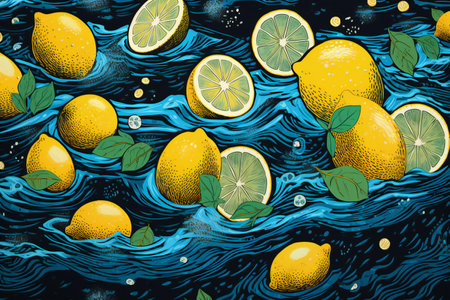 Lemon and lime in water. hand drawn illustration in vintage style.の素材