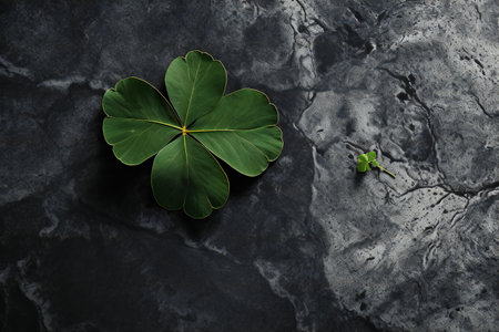 Green clover leaves on black marble table, flat lay. Space for textの素材