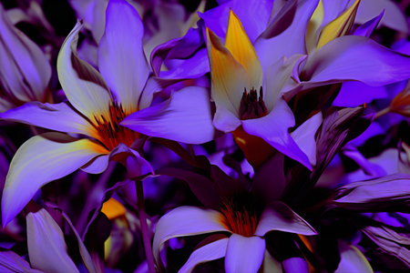 Purple and yellow crocus flowers close-up, macro photographyの素材