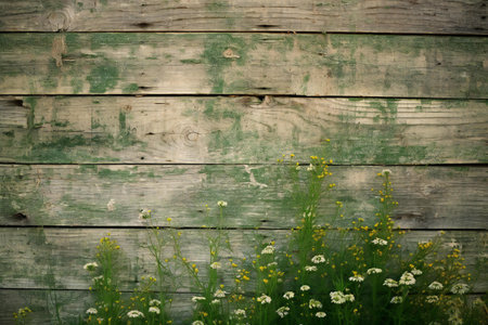 Old wooden background with wildflowers and grass. Toned.の素材