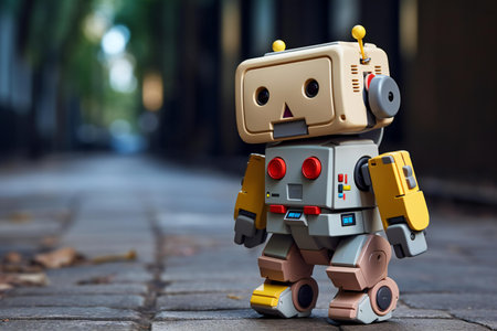 Vintage tin toy robot walking on the street, close up.の素材