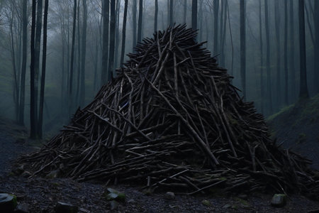 Mystical dark forest with a hut made of tree trunksの素材