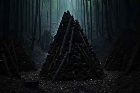 Mysterious dark forest in foggy day. Halloween concept.の素材