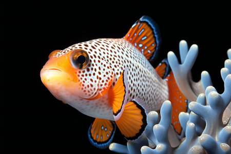Clown fish on the coral isolated on black background,の素材