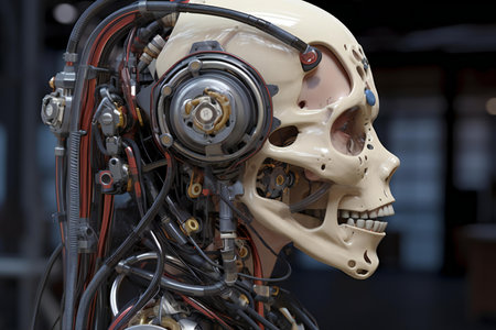 Skull of a robot with electronic components and cables in the backgroundの素材