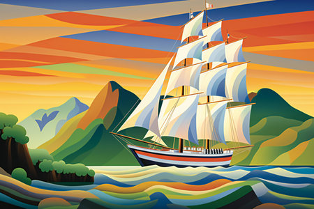 Sailing ship in the sea at sunsetの素材