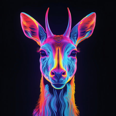 Deer head with colorful neon lights on black background.の素材