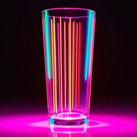 Empty glass with colorful neon lights on black background.の素材