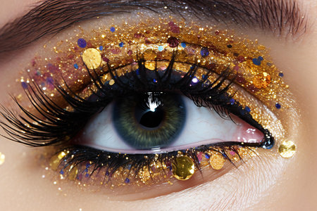 Close up of beautiful woman's eye with golden make-up and sparklesの素材