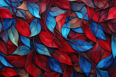 abstract background of colored leafs in red and blue colors.の素材