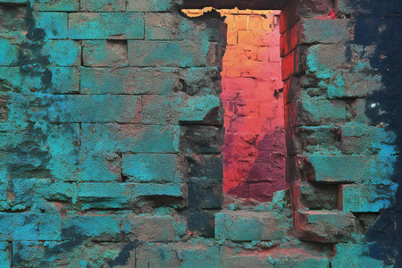 Grunge brick wall with blue and red paint. Abstract background.の素材