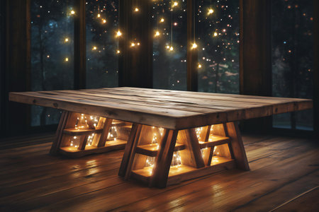 wooden table in the room with christmas lights.の素材