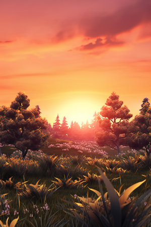 Sunset in the meadow with flowers and trees.の素材